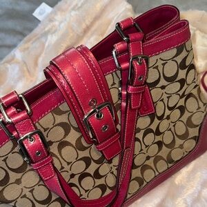 Coach Signature Canvas Buckle Leather Pink Trim Tote and Wristlet